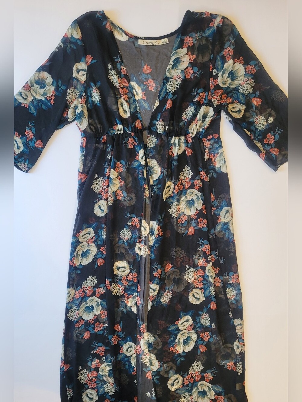 Liberty Love Boho Dark Floral Duster Kimono Cover Up Size L